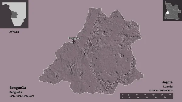 アンゴラのベングエラ州とその首都の形 距離スケール プレビューおよびラベル 色の標高マップ 3Dレンダリング — ストック写真