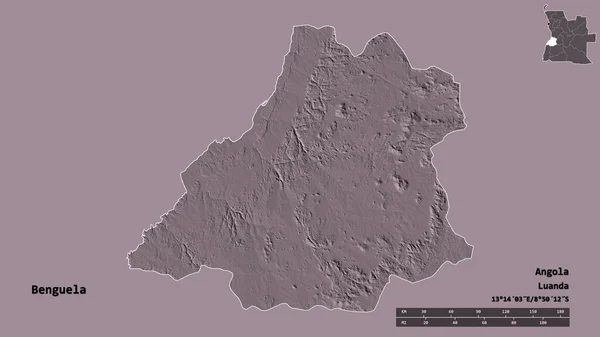 アンゴラの州であるベンゲラの形で その首都はしっかりとした背景に隔離されています 距離スケール リージョンプレビュー およびラベル 色の標高マップ 3Dレンダリング — ストック写真