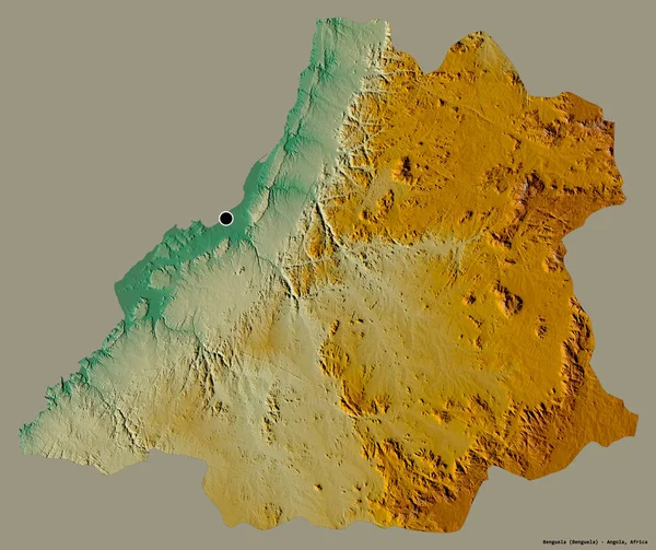 アンゴラの州ベンゲラの形で その首都はしっかりした色の背景に隔離されています 地形図 3Dレンダリング — ストック写真