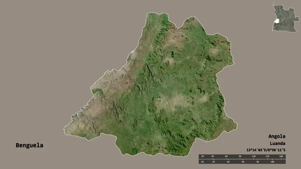 安哥拉本格拉省的形状 其首都背景坚实 与世隔绝 距离尺度 区域预览和标签 卫星图像 3D渲染 — 图库照片