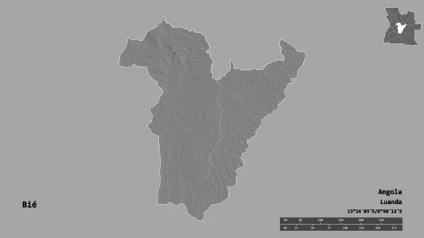 安哥拉比耶省的形状 其首都在坚实的背景下与世隔绝 距离尺度 区域预览和标签 Bilevel高程图 3D渲染 — 图库照片