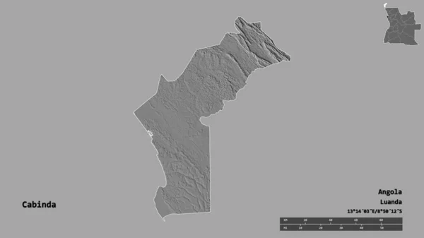 安哥拉卡宾达省的形状 其首都在坚实的背景下与世隔绝 距离尺度 区域预览和标签 Bilevel高程图 3D渲染 — 图库照片