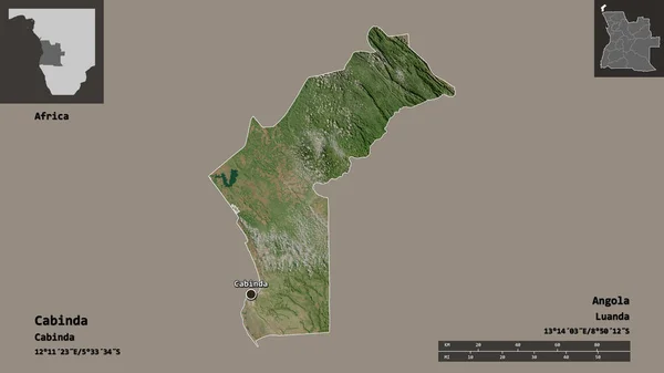 アンゴラの州カビンダとその首都の形 距離スケール プレビューおよびラベル 衛星画像 3Dレンダリング — ストック写真