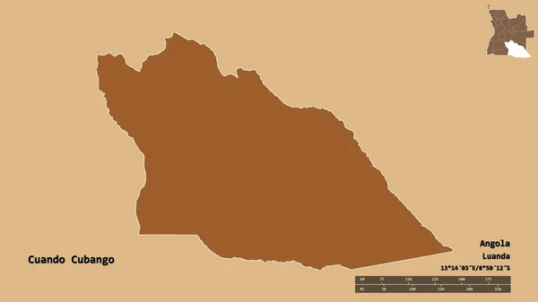 安哥拉省宽多库邦戈的形状 其首都背景坚实 与世隔绝 距离尺度 区域预览和标签 图形纹理的组成 3D渲染 — 图库照片