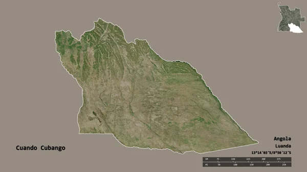 アンゴラ県のクアンゴ県の形で その首都はしっかりとした背景に隔離されています 距離スケール リージョンプレビュー およびラベル 衛星画像 3Dレンダリング — ストック写真