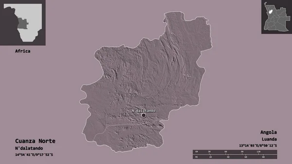 安哥拉北部宽扎省的形状及其首都 距离刻度 预览和标签 彩色高程图 3D渲染 — 图库照片