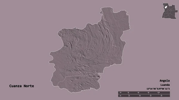 アンゴラの州クアンザ ノルテの形は その資本がしっかりとした背景に隔離されています 距離スケール リージョンプレビュー およびラベル 色の標高マップ 3Dレンダリング — ストック写真