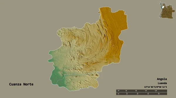 アンゴラの州クアンザ ノルテの形は その資本がしっかりとした背景に隔離されています 距離スケール リージョンプレビュー およびラベル 地形図 3Dレンダリング — ストック写真