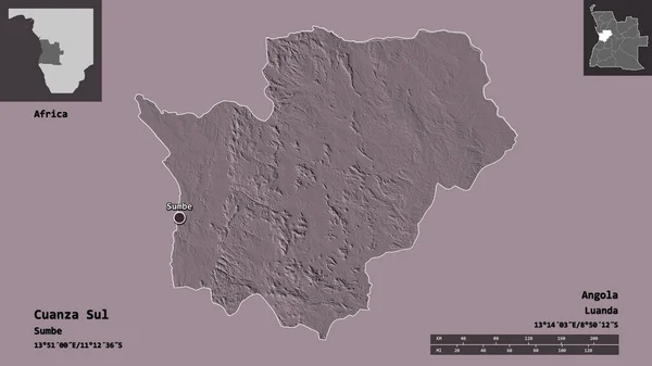 アンゴラの州クアンザ スルとその首都の形 距離スケール プレビューおよびラベル 色の標高マップ 3Dレンダリング — ストック写真