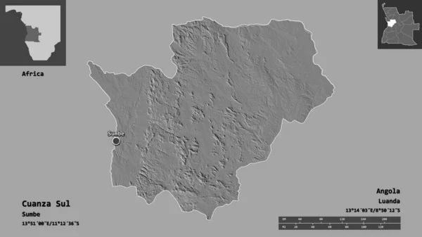 安哥拉省Cuanza Sul的形状及其首都 距离刻度 预览和标签 Bilevel高程图 3D渲染 — 图库照片