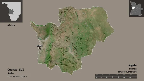 安哥拉省Cuanza Sul的形状及其首都 距离刻度 预览和标签 卫星图像 3D渲染 — 图库照片