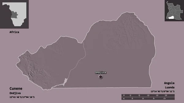 アンゴラ共和国のカネン州とその首都の形 距離スケール プレビューおよびラベル 色の標高マップ 3Dレンダリング — ストック写真