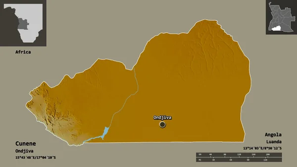 安哥拉库内内省的形状及其首都 距离刻度 预览和标签 地形浮雕图 3D渲染 — 图库照片