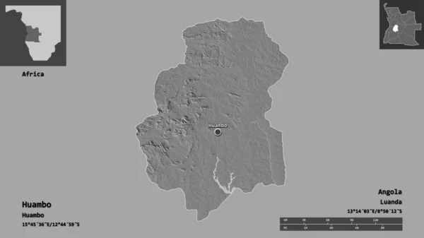 安哥拉万博省的形状及其首都 距离刻度 预览和标签 Bilevel高程图 3D渲染 — 图库照片
