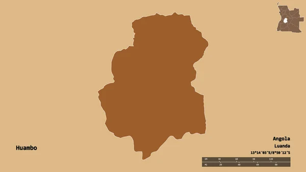 アンゴラの州であるHuamboの形は その資本がしっかりとした背景に隔離されています 距離スケール リージョンプレビュー およびラベル パターン化されたテクスチャの構成 3Dレンダリング — ストック写真