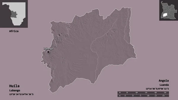 アンゴラの首都であるフイラ州の形 距離スケール プレビューおよびラベル 色の標高マップ 3Dレンダリング — ストック写真