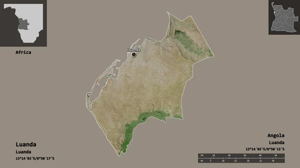 安哥拉省罗安达的形状及其首都 距离刻度 预览和标签 卫星图像 3D渲染 — 图库照片