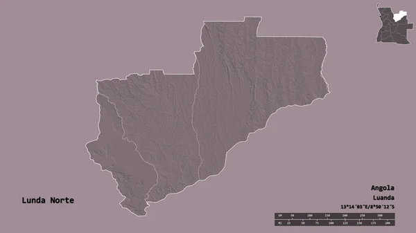 アンゴラ共和国のルンダ ノルテ州の形で その首都はしっかりとした背景に孤立しています 距離スケール リージョンプレビュー およびラベル 色の標高マップ 3Dレンダリング — ストック写真