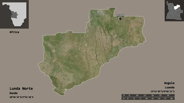 安哥拉北部隆达省的形状及其首都 距离刻度 预览和标签 卫星图像 3D渲染 — 图库照片