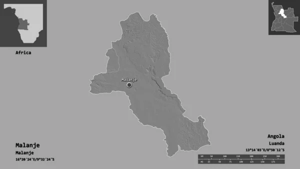 安哥拉省Malanje的形状及其首都 距离刻度 预览和标签 Bilevel高程图 3D渲染 — 图库照片