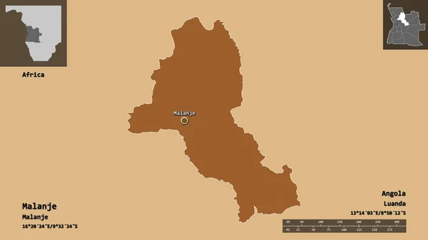 アンゴラの州であるマランジェとその首都の形 距離スケール プレビューおよびラベル パターン化されたテクスチャの構成 3Dレンダリング — ストック写真