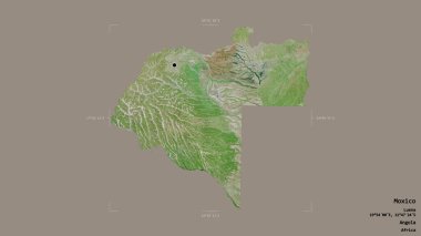 Moxico bölgesi, Angola vilayeti, jeoreferatlı bir sınır kutusunda sağlam bir arka planda izole edilmiş. Etiketler. Uydu görüntüleri. 3B görüntüleme