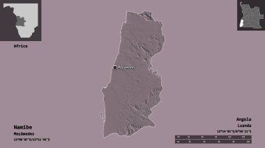 Namibe 'nin şekli, Angola vilayeti ve başkenti. Uzaklık ölçeği, ön gösterimler ve etiketler. Renkli yükseklik haritası. 3B görüntüleme