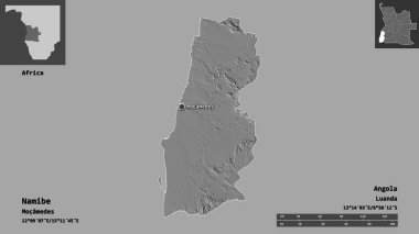 Namibe 'nin şekli, Angola vilayeti ve başkenti. Uzaklık ölçeği, ön gösterimler ve etiketler. Çift seviyeli yükseklik haritası. 3B görüntüleme
