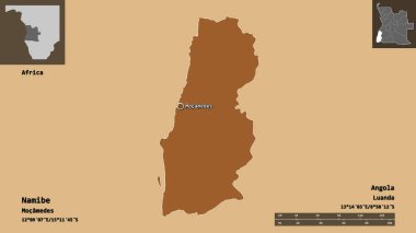 Namibe 'nin şekli, Angola vilayeti ve başkenti. Uzaklık ölçeği, ön gösterimler ve etiketler. Desenli dokuların bileşimi. 3B görüntüleme