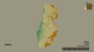 Angola 'nın Namibe eyaleti, başkenti sağlam bir zemin üzerinde izole edilmiştir. Uzaklık ölçeği, bölge önizlemesi ve etiketleri. Topografik yardım haritası. 3B görüntüleme