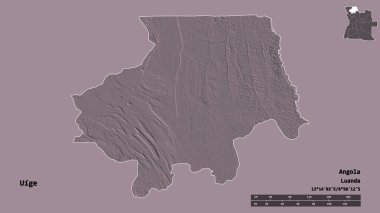 Angola 'nın Uige ili, başkenti sağlam bir zemin üzerinde izole edilmiştir. Uzaklık ölçeği, bölge önizlemesi ve etiketleri. Renkli yükseklik haritası. 3B görüntüleme