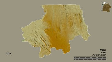 Angola 'nın Uige ili, başkenti sağlam bir zemin üzerinde izole edilmiştir. Uzaklık ölçeği, bölge önizlemesi ve etiketleri. Topografik yardım haritası. 3B görüntüleme