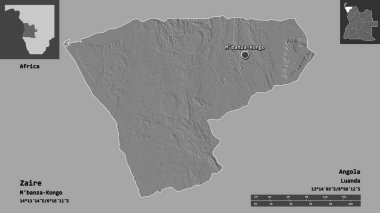 Zaire 'nin şekli, Angola vilayeti ve başkenti. Uzaklık ölçeği, ön gösterimler ve etiketler. Çift seviyeli yükseklik haritası. 3B görüntüleme