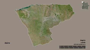 Angola 'nın Zaire eyaleti, başkenti sağlam bir zemin üzerinde izole edilmiştir. Uzaklık ölçeği, bölge önizlemesi ve etiketleri. Uydu görüntüleri. 3B görüntüleme