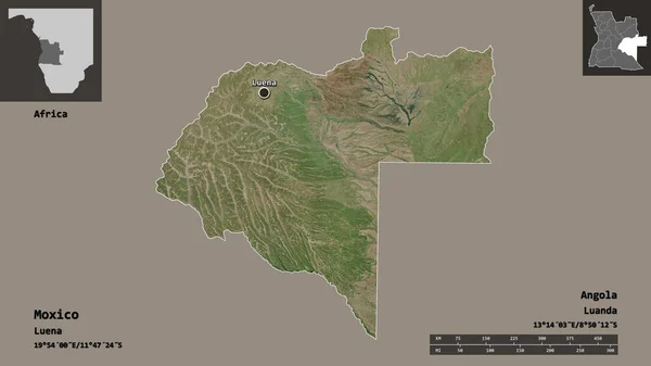 モキシコの形 アンゴラの州 およびその首都 距離スケール プレビューおよびラベル 衛星画像 3Dレンダリング — ストック写真