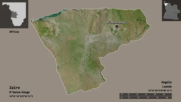 安哥拉省扎伊尔的形状及其首都 距离刻度 预览和标签 卫星图像 3D渲染 — 图库照片