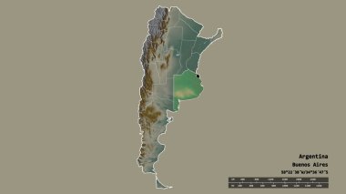 Başkenti, ana bölgesel bölümü ve ayrılmış Buenos Aires bölgesi ile Arjantin 'in dejenere edilmiş şekli. Etiketler. Topografik yardım haritası. 3B görüntüleme