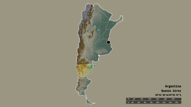 Başkenti, ana bölgesel bölümü ve ayrılmış Chubut bölgesiyle Arjantin 'in dejenere edilmiş şekli. Etiketler. Topografik yardım haritası. 3B görüntüleme