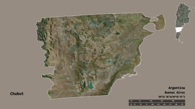 Chubut 'un şekli, Arjantin' in başkenti, sağlam bir arka planda izole edilmiş. Uzaklık ölçeği, bölge önizlemesi ve etiketleri. Uydu görüntüleri. 3B görüntüleme