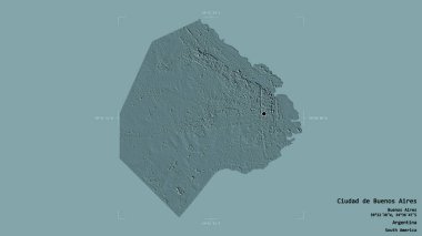 Ciudad de Buenos Aires bölgesi, Arjantin federal bölgesi, sağlam bir arka planda izole edilmiş bir sınır kutusunda. Etiketler. Renkli yükseklik haritası. 3B görüntüleme