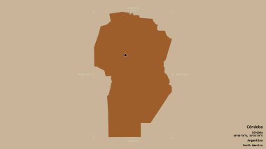 Arjantin 'in Cordoba bölgesi, katı bir arka planda izole edilmiş bir sınır kutusunda. Etiketler. Desenli dokuların bileşimi. 3B görüntüleme