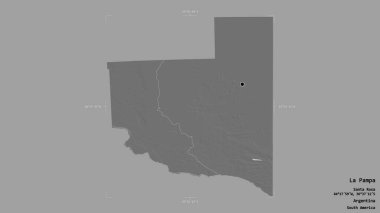 La Pampa bölgesi, Arjantin eyaleti, katı bir arka planda izole edilmiş bir sınır kutusunda. Etiketler. Çift seviyeli yükseklik haritası. 3B görüntüleme