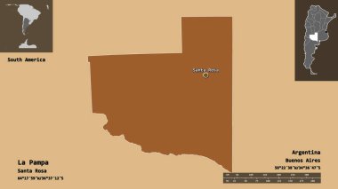 La Pampa şehri, Arjantin eyaleti ve başkenti. Uzaklık ölçeği, ön gösterimler ve etiketler. Desenli dokuların bileşimi. 3B görüntüleme