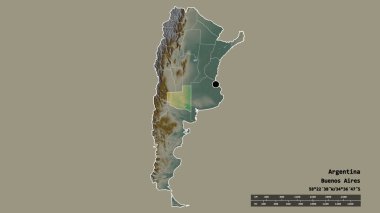 Başkenti, ana bölgesel bölümü ve ayrılmış La Pampa bölgesi ile Arjantin 'in dejenere edilmiş şekli. Etiketler. Topografik yardım haritası. 3B görüntüleme