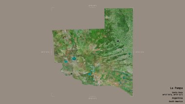 La Pampa bölgesi, Arjantin eyaleti, katı bir arka planda izole edilmiş bir sınır kutusunda. Etiketler. Uydu görüntüleri. 3B görüntüleme
