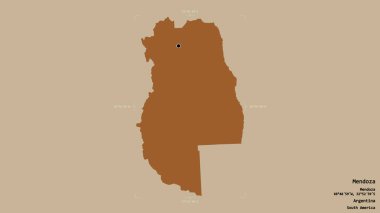 Arjantin 'in Mendoza bölgesi, katı bir arka planda izole edilmiş bir sınır kutusunda. Etiketler. Desenli dokuların bileşimi. 3B görüntüleme