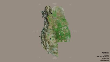 Arjantin 'in Mendoza bölgesi, katı bir arka planda izole edilmiş bir sınır kutusunda. Etiketler. Uydu görüntüleri. 3B görüntüleme