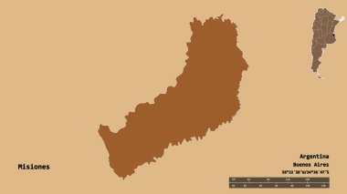 Arjantin 'in Misiones şehrinin başkenti sağlam bir zemin üzerinde izole edilmiştir. Uzaklık ölçeği, bölge önizlemesi ve etiketleri. Desenli dokuların bileşimi. 3B görüntüleme