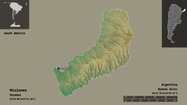 Misiones şehri, Arjantin eyaleti ve başkenti. Uzaklık ölçeği, ön gösterimler ve etiketler. Topografik yardım haritası. 3B görüntüleme