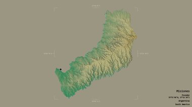 Misiones bölgesi, Arjantin, katı bir arka planda izole edilmiş bir sınır kutusunda. Etiketler. Topografik yardım haritası. 3B görüntüleme